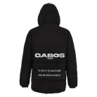 Black hooded jacket shown from the back, featuring a large white 'GABOS LONDON' logo across the upper back and smaller white text below, photographed on a plain white background.