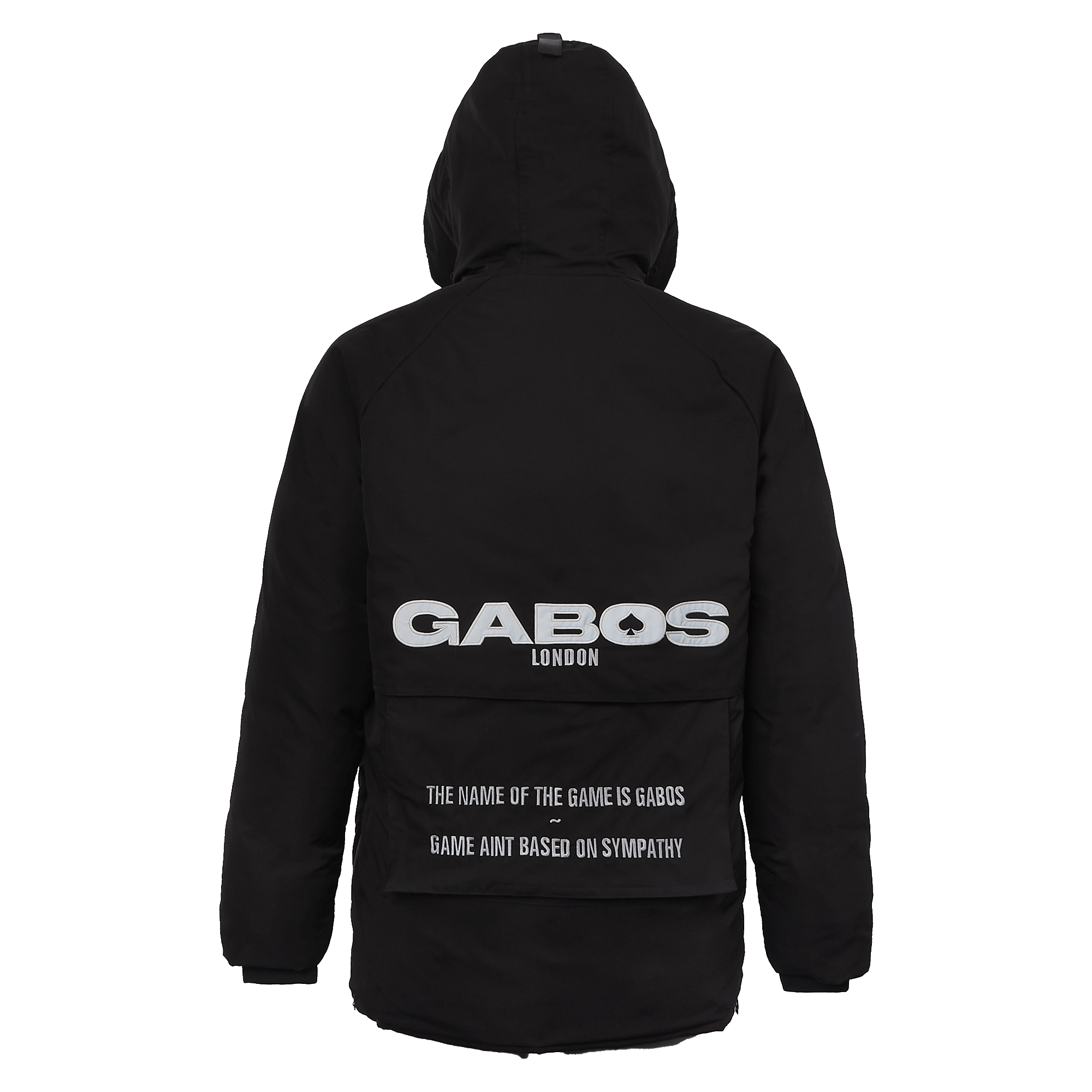 Black hooded jacket shown from the back, featuring a large white 'GABOS LONDON' logo across the upper back and smaller white text below, photographed on a plain white background.