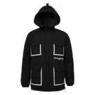 A black hooded puffer jacket with reflective silver-gray trim around the front pockets and a white QABOS logo on the chest, shown against a plain white background.