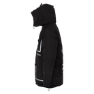 A black hooded puffer jacket shown in a side profile view against a solid white background. The jacket features reflective silver-gray vertical stripes on the chest and lower front pocket, along with white text reading 'Supreme' on the chest.
