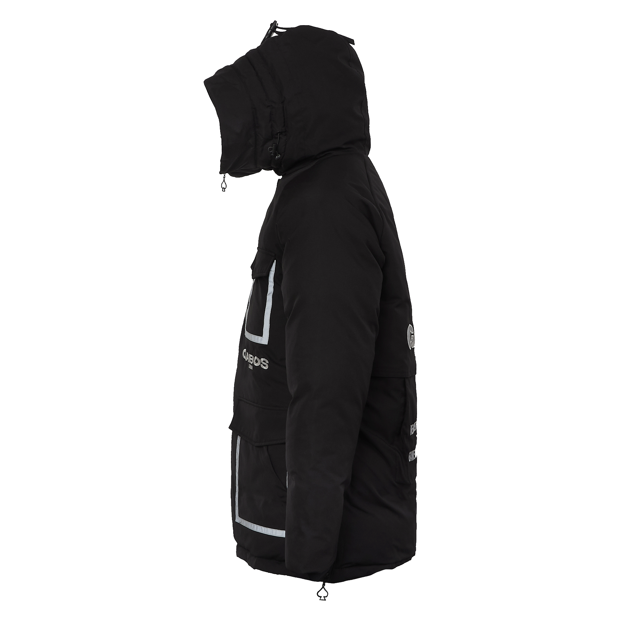 A black hooded puffer jacket shown in a side profile view against a solid white background. The jacket features reflective silver-gray vertical stripes on the chest and lower front pocket, along with white text reading 'Supreme' on the chest.