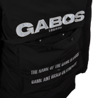 Close-up of a black jacket featuring a large metallic silver 'GABOS LONDON' logo on the back and white printed text on a back pocket.