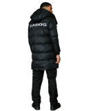 A man wearing a long black puffer jacket with 'GABOS' printed in white on the back, shown from a rear three-quarter view against a plain white background.