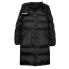 A black quilted puffer coat with a high collar, snap-button front, and a white GABOG brand patch on the left chest, shown against a plain white background.