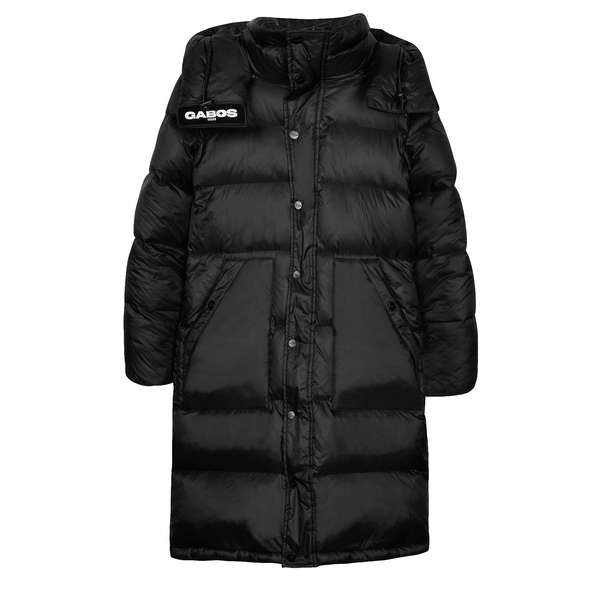 A black quilted puffer coat with a high collar, snap-button front, and a white GABOG brand patch on the left chest, shown against a plain white background.