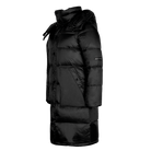 A long black puffer coat with a high hood, shown in a side profile view against a plain white background.