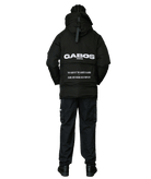A person shown from the back wearing a black hooded puffer jacket with large white 'GABOS LONDON' text across the back, black cargo pants, and black boots, on a plain white background.