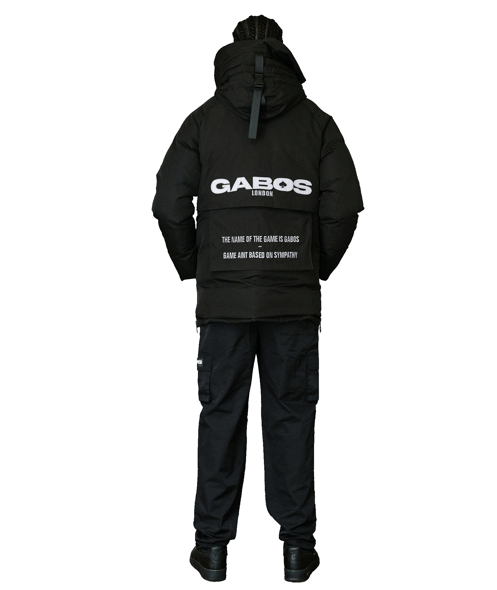 A person shown from the back wearing a black hooded puffer jacket with large white 'GABOS LONDON' text across the back, black cargo pants, and black boots, on a plain white background.