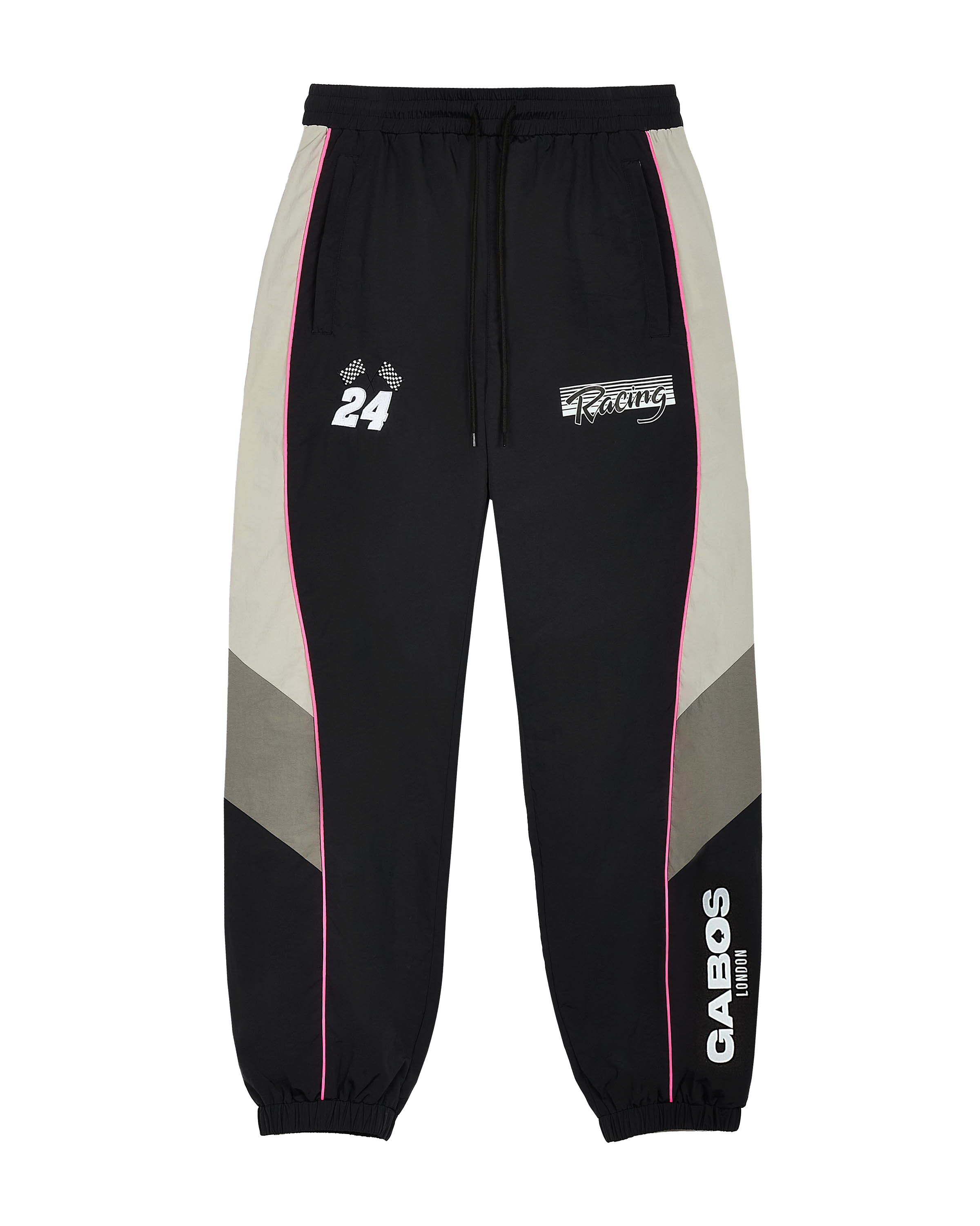 TrackStar Phantom Black men's shell racing tracksuit bottoms with tapered fit and contrast side panels